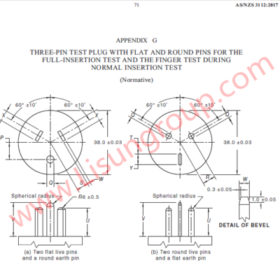 AS/NZS 3112 Figure G1 Three-pin Test Plug with Flat and Round Pins for the Full-insertion Test and the Finger Test During Normal Insertion Test