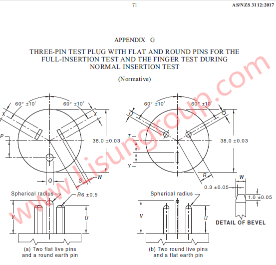 AS/NZS 3112 Figure G1 Three-pin Test Plug with Flat and Round Pins for the Full-insertion Test and the Finger Test During Normal Insertion Test
