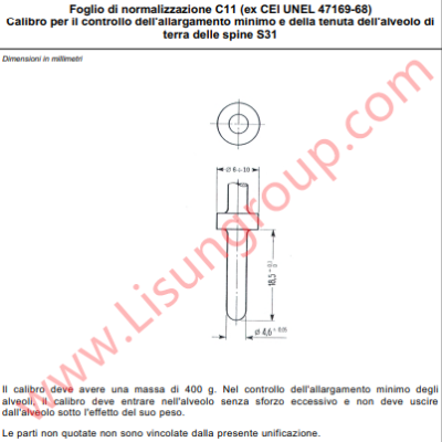 CEI-23-50 Foglio di normalizzazione C11 (ex CEI UNEL 47169-68) Calibro per il controllo dell’allargamento minimo e della tenuta dell’alveolo di terra delle spine S31