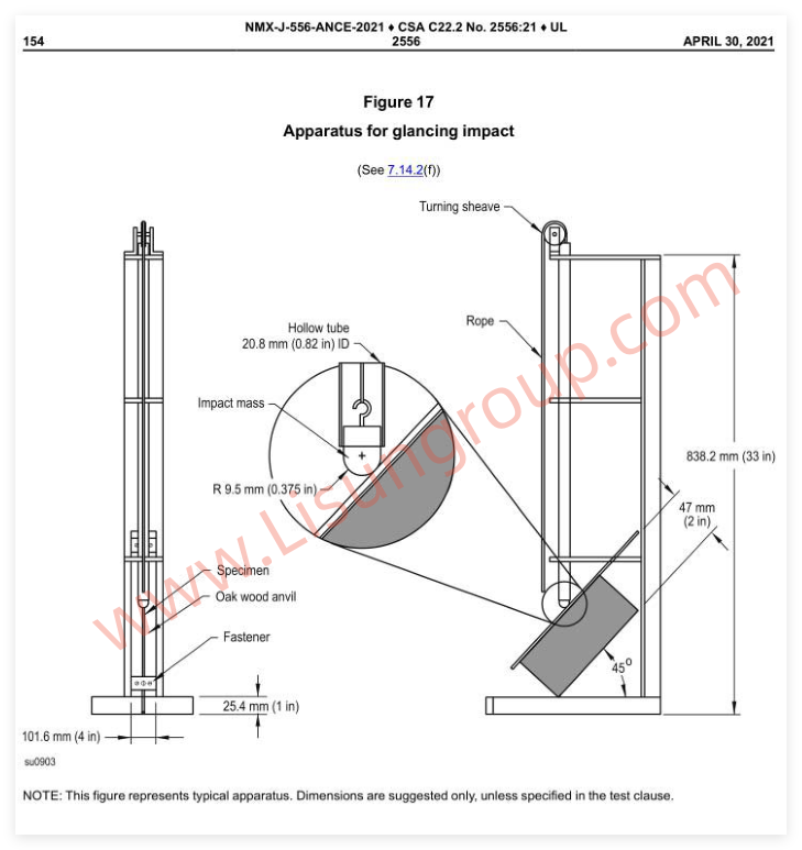 UL 2556:2021 Figure 17 and Clause 7.14.2 Glancing Impact Test Apparatus